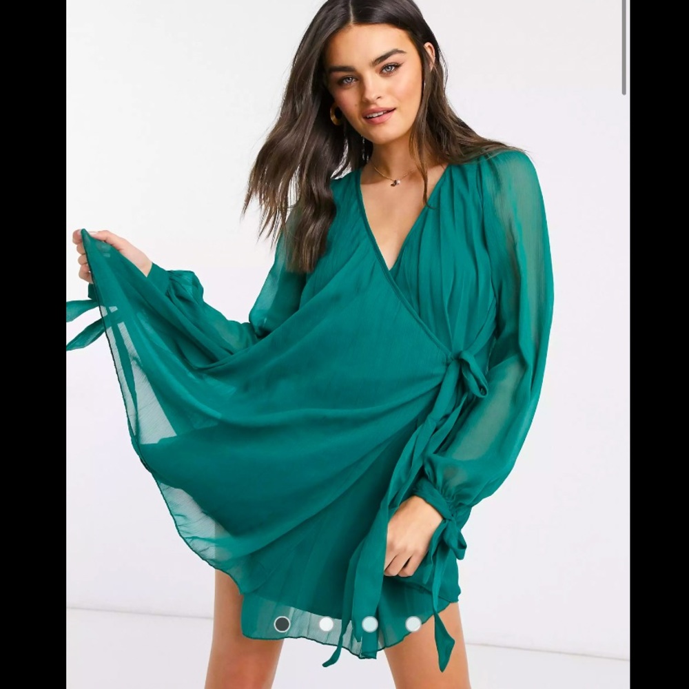 Pleated wrap minidress, long sleeves, forest green